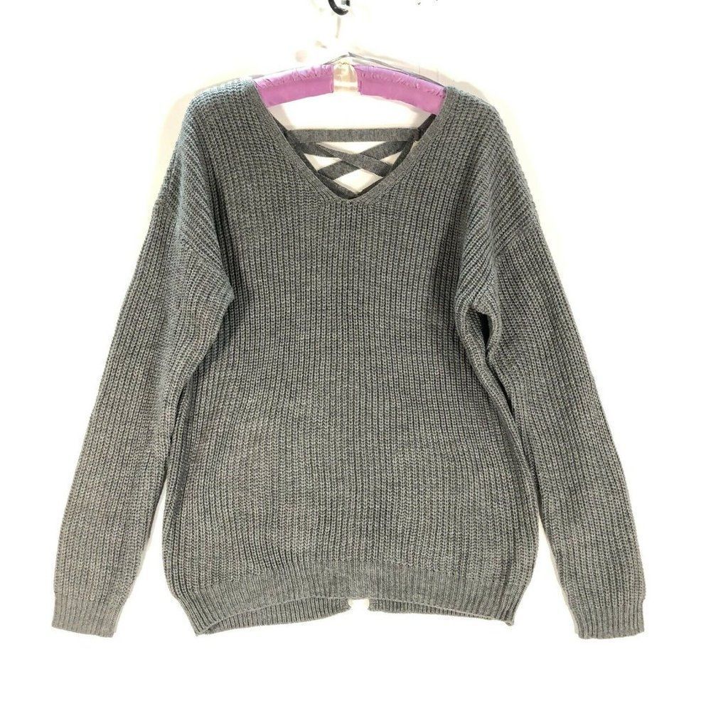 SO sweater Ladies X Large Gray Marl Pullover Lace Up Back Trim 100% Acrylic NWT